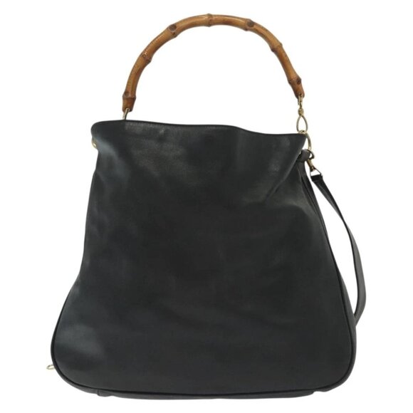 GUCCI Bamboo Hand Bag Leather 2way Black Gold 001 2852 1577 0 Auth ep10073 - Picture 10 of 16